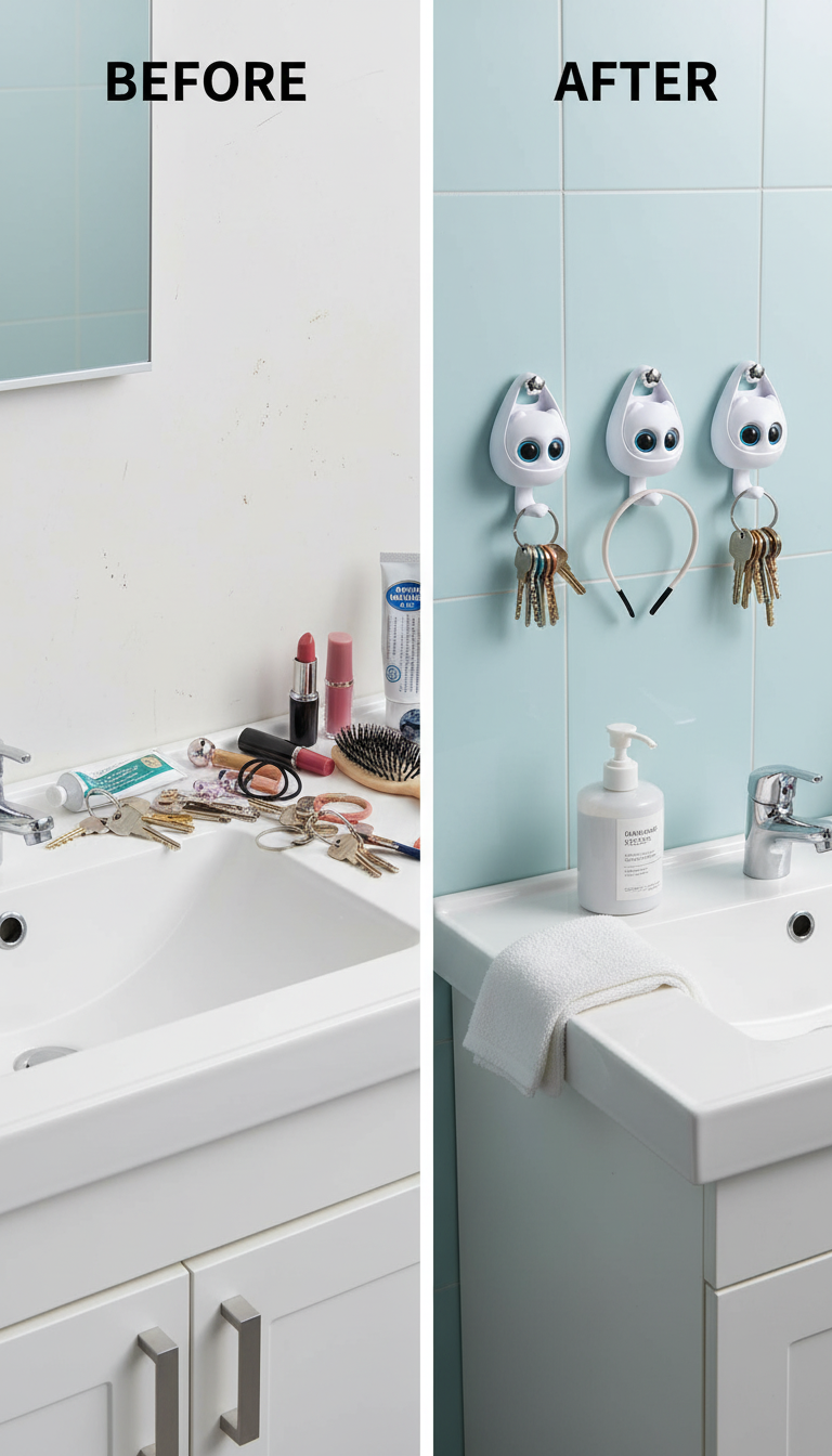 Individual Before/After #2: Bathroom organization with Hook Wall Hangers