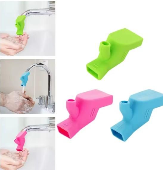 Collage of colorful silicone sink strainers with hands washing in a sink.
