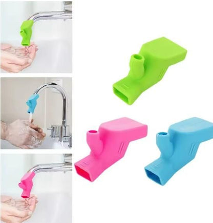 Collage of colorful silicone sink strainers with hands washing in a sink.